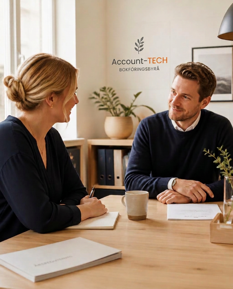 Två kolleger i samtal vid ett ljust kontorsbord
